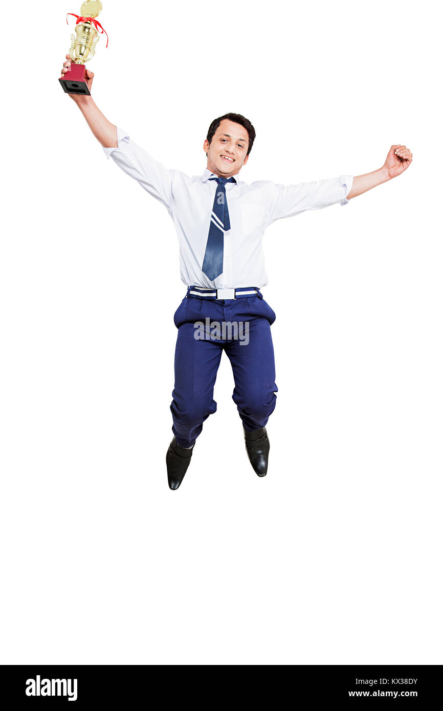 1 Indian School Boy Student Jumpping Victory Trophy Successful Celebrating Stock Photo