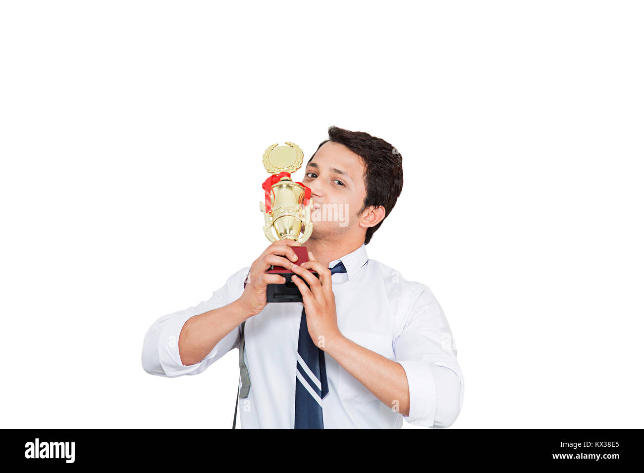 1 Indian High School Boy Student Kissing Winning Trophy Succes Stock Photo