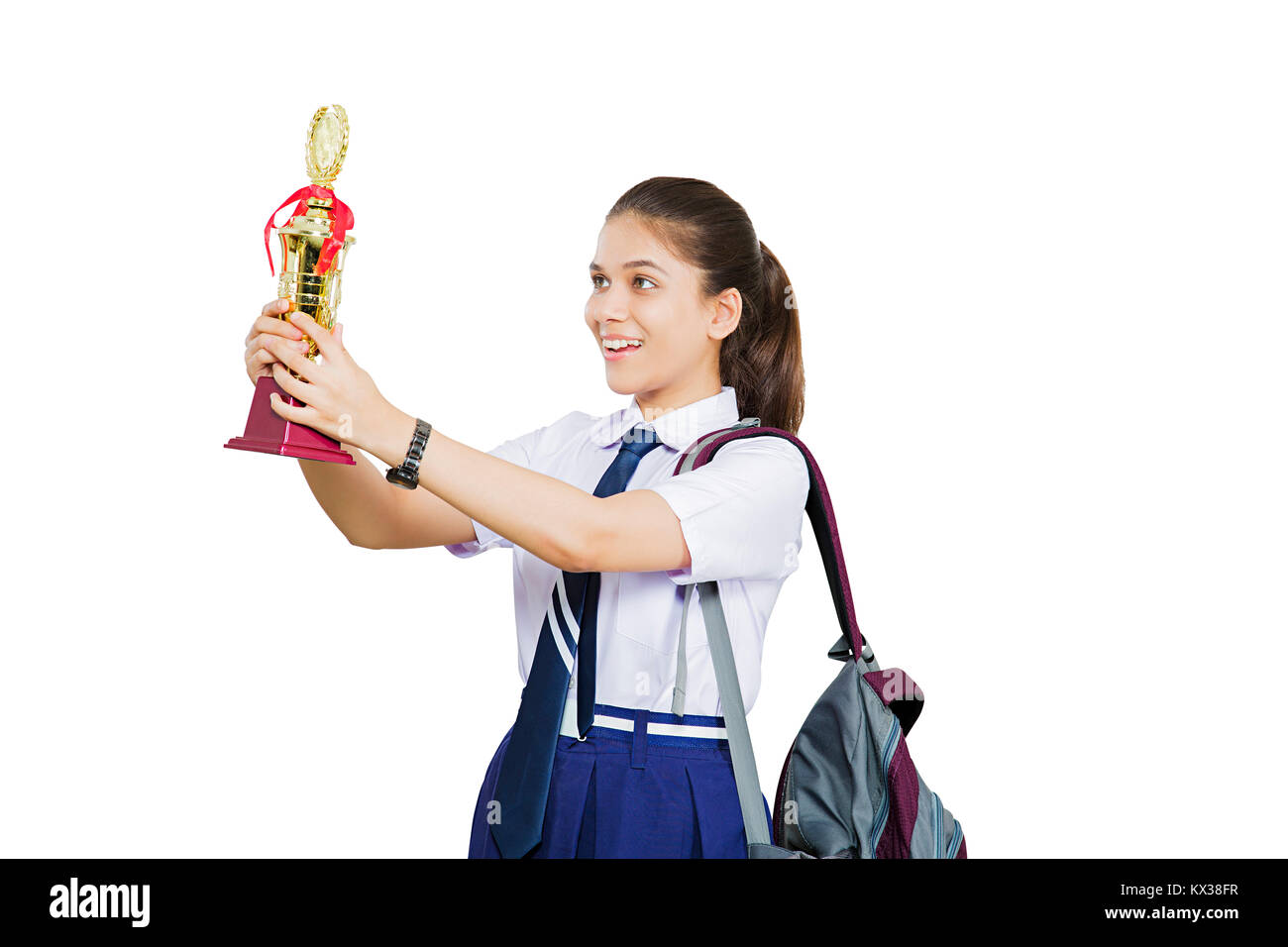 1 Indian Teenger Girl School Student Watching Trophy Victory Success Stock Photo