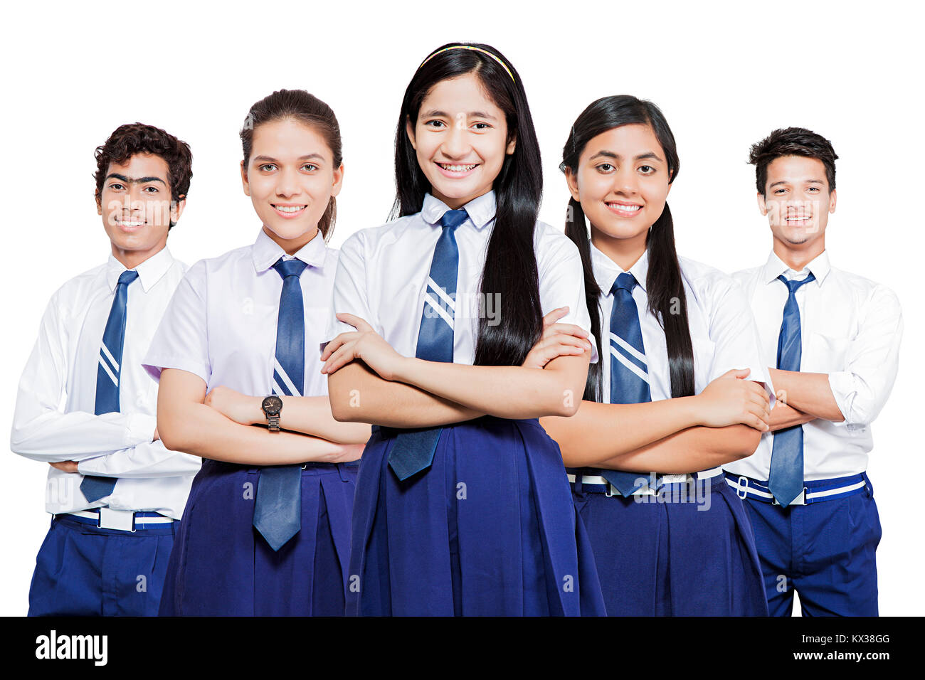 Indian Group Teenagers School Students Friends Arms Crossed Standing Together Stock Photo