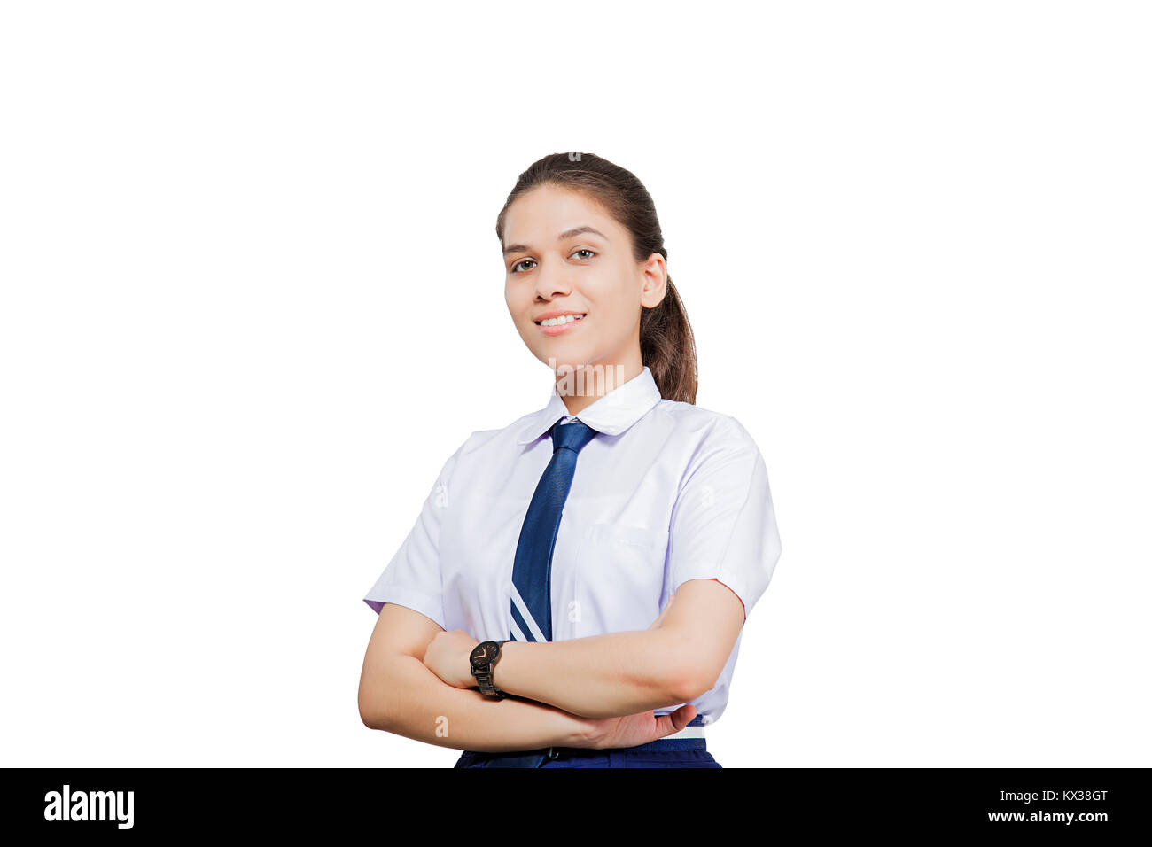1 Indian School Young Girl Student Arms Crossed Standing Smiling Stock Photo