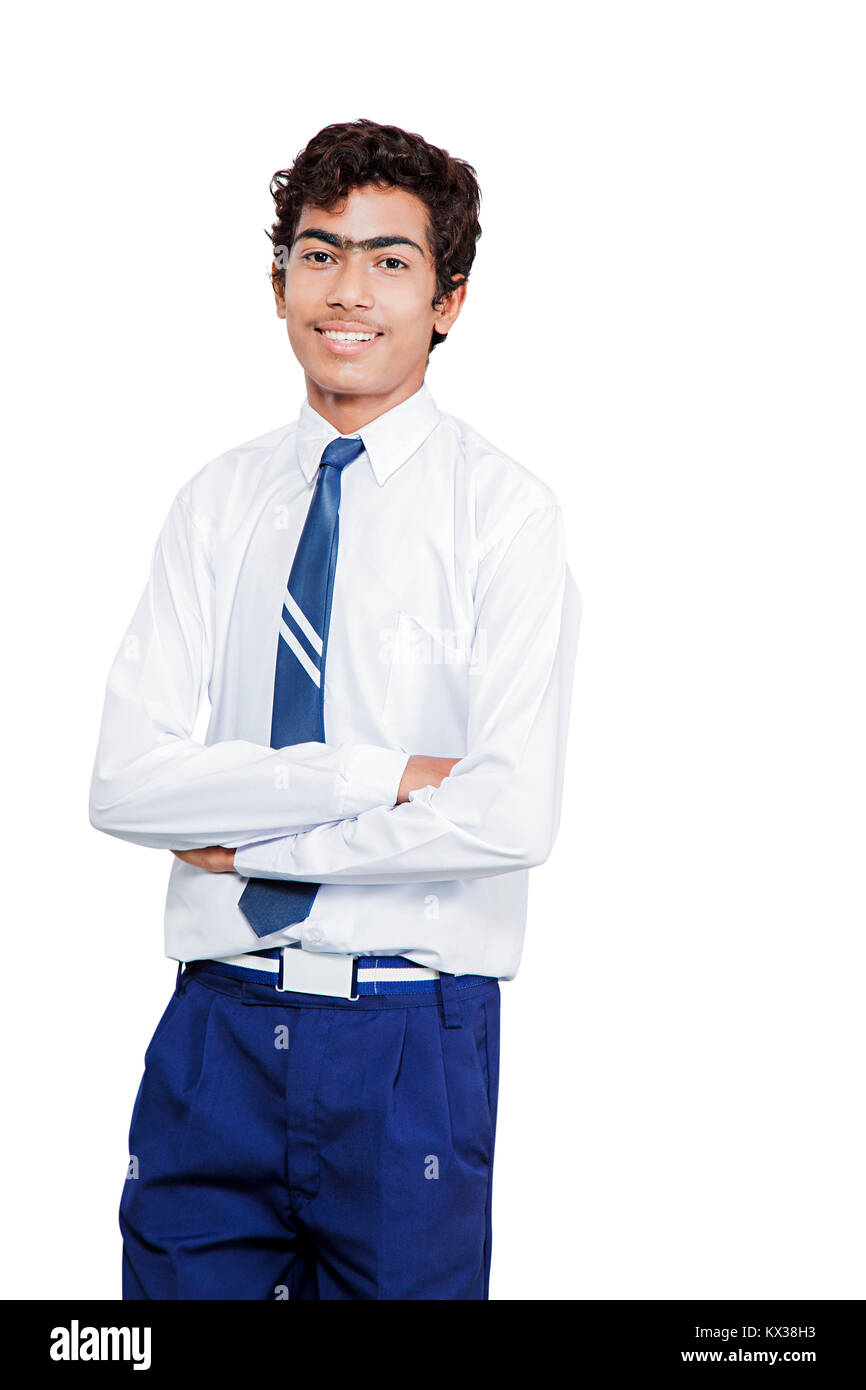1 Indian Young Boy School Student Arms Crossed Standing Uniform Stock Photo