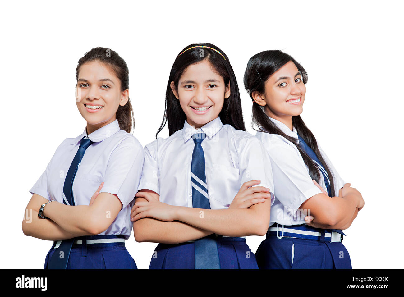 3 Indian High School Girls Students Arms Crossed Standing Together Stock Photo
