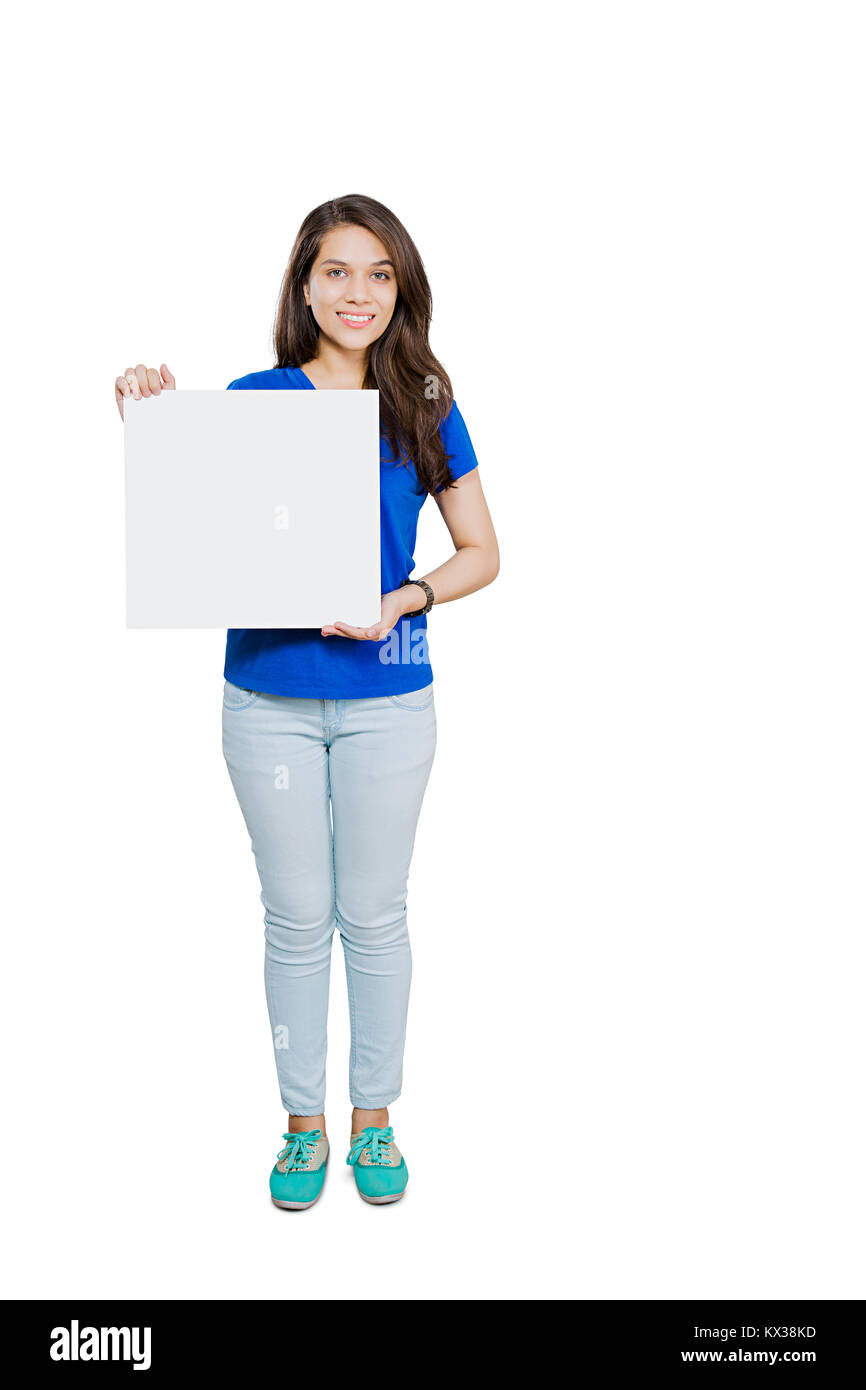 1 Indian Teenager Girl College Student Standing Showing White Board Stock Photo