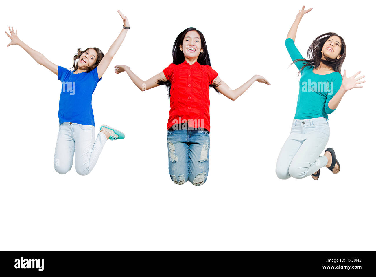 Happy 3 Indian Young Girls Friends Jumping Cheerful Successful Celebrating Stock Photo
