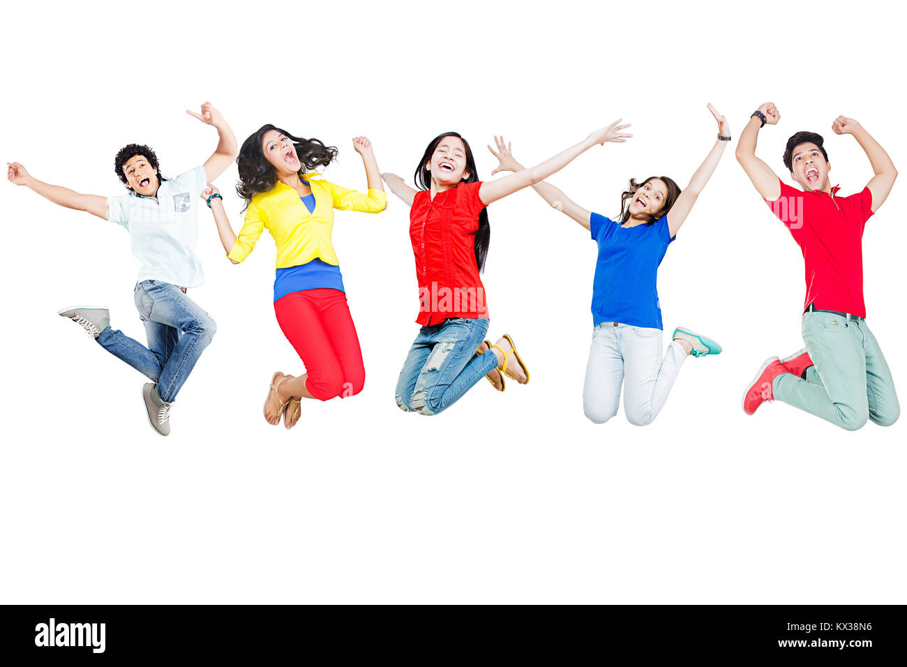 Shouted Indian Young Boys And Girls Friends Jumping Fun Cheerful Stock Photo