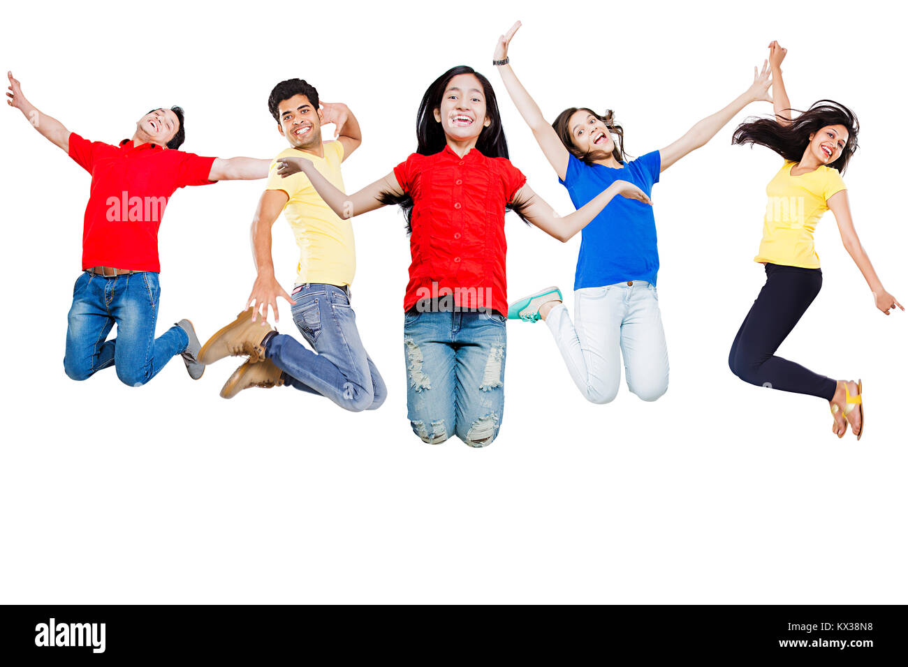 Happy Indian Group Young Teenagers Friends Together Jumping Fun Cheerful Stock Photo