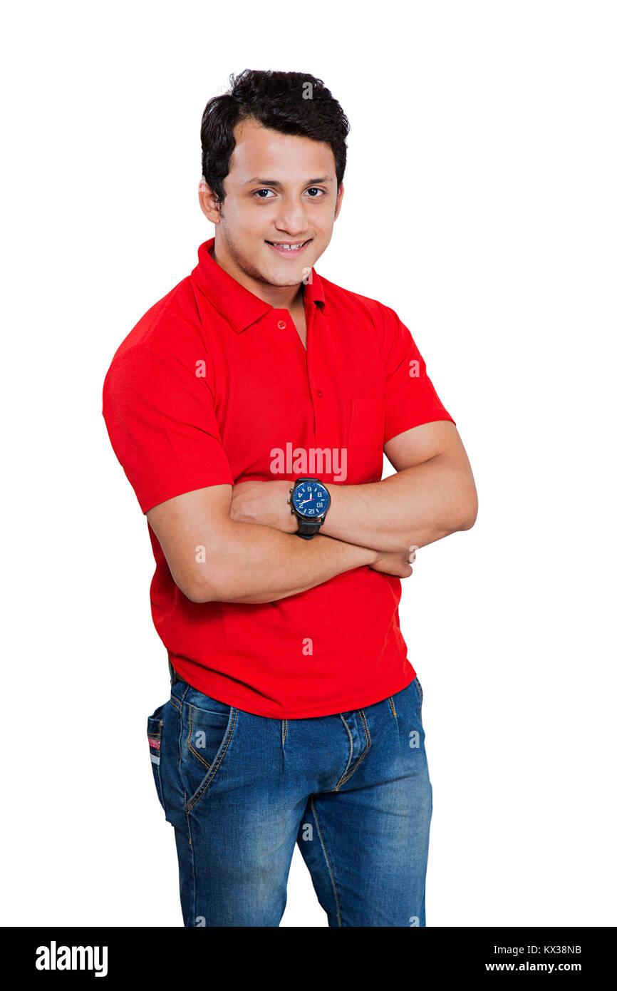 1 Indian Young Boy Arms Crossed Standing Smiling Studio Shot Stock Photo