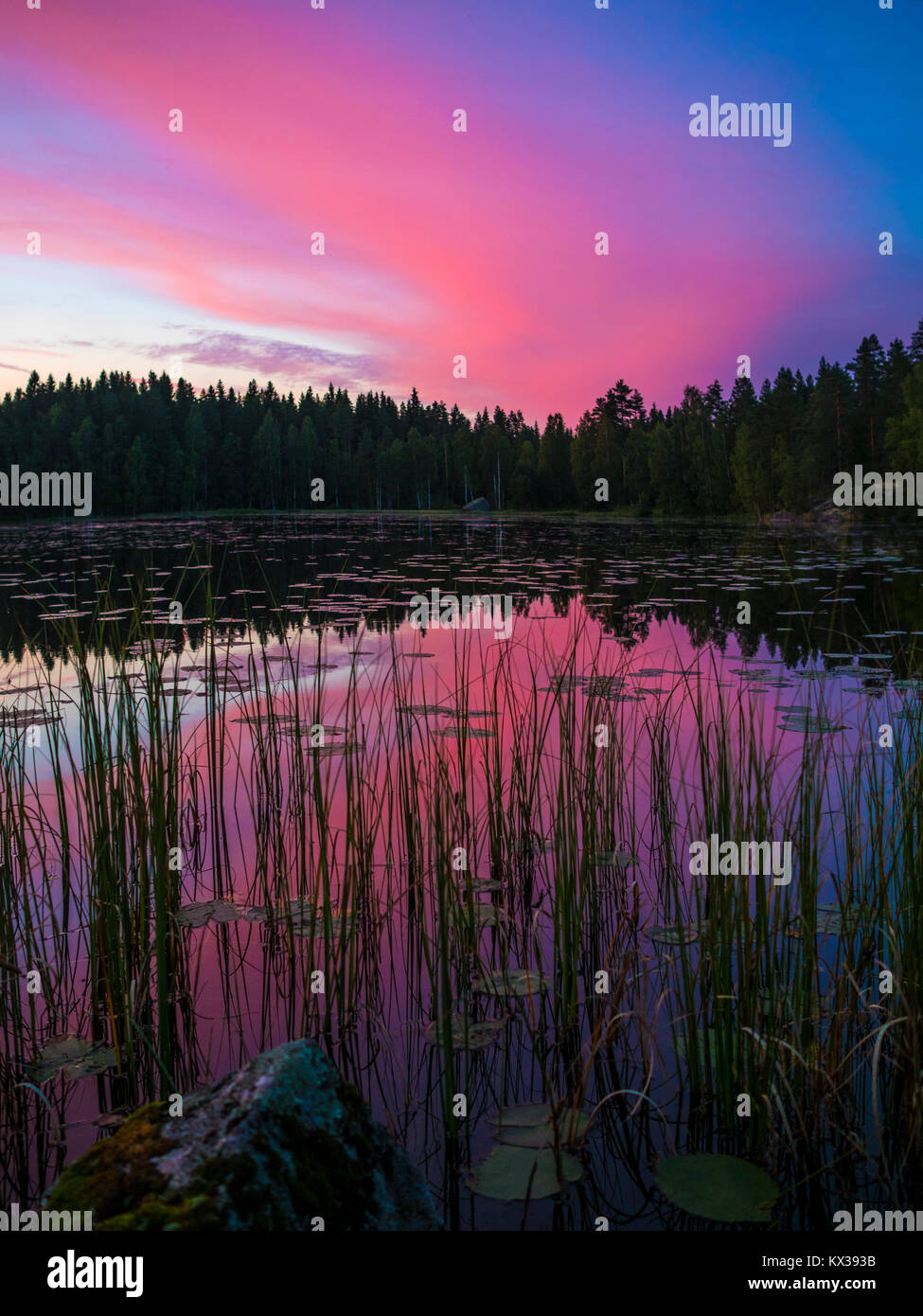 Amazing Sunset Lakeside View - Finland Stock Photo