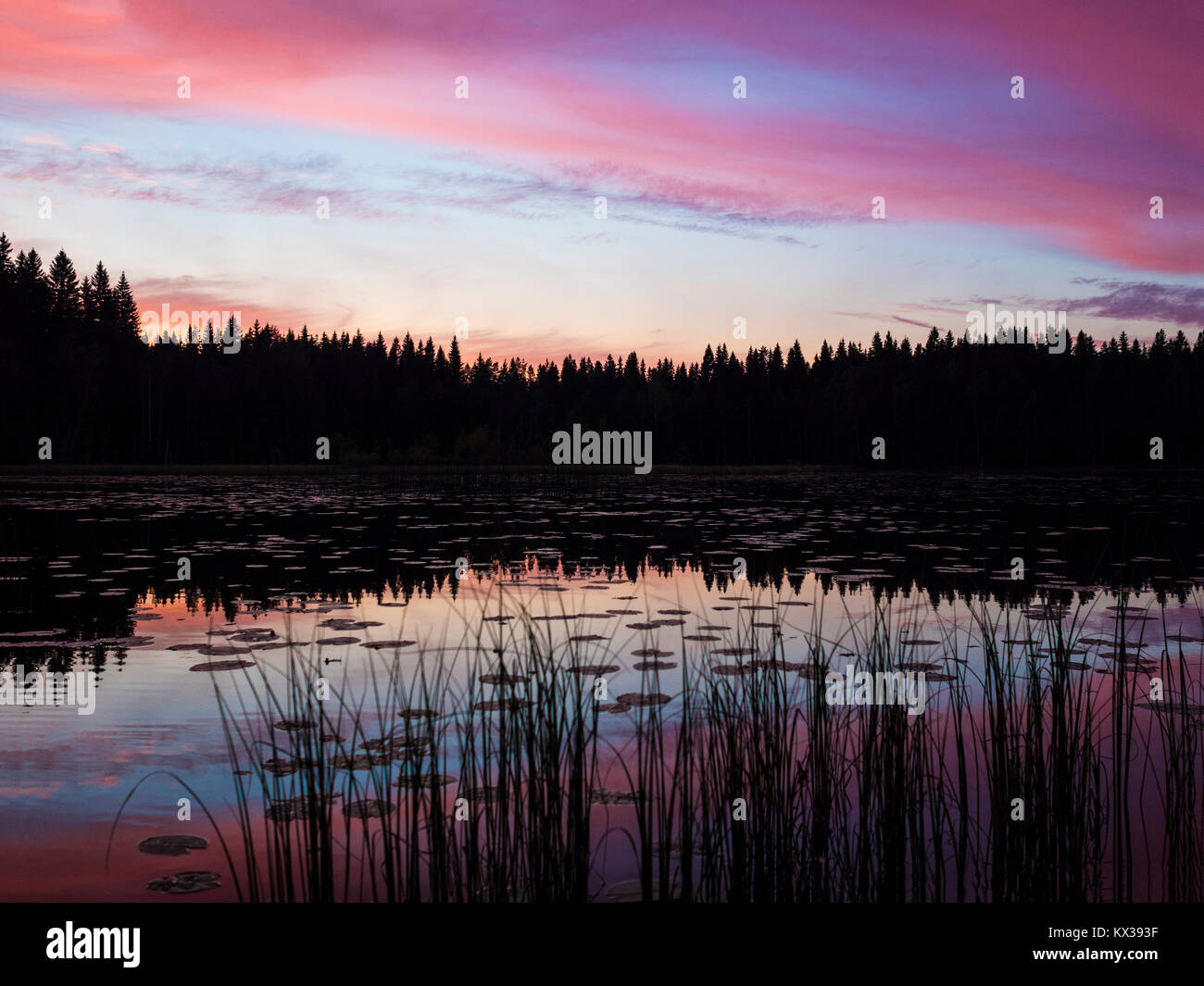 Amazing Sunset Lakeside View - Finland Stock Photo