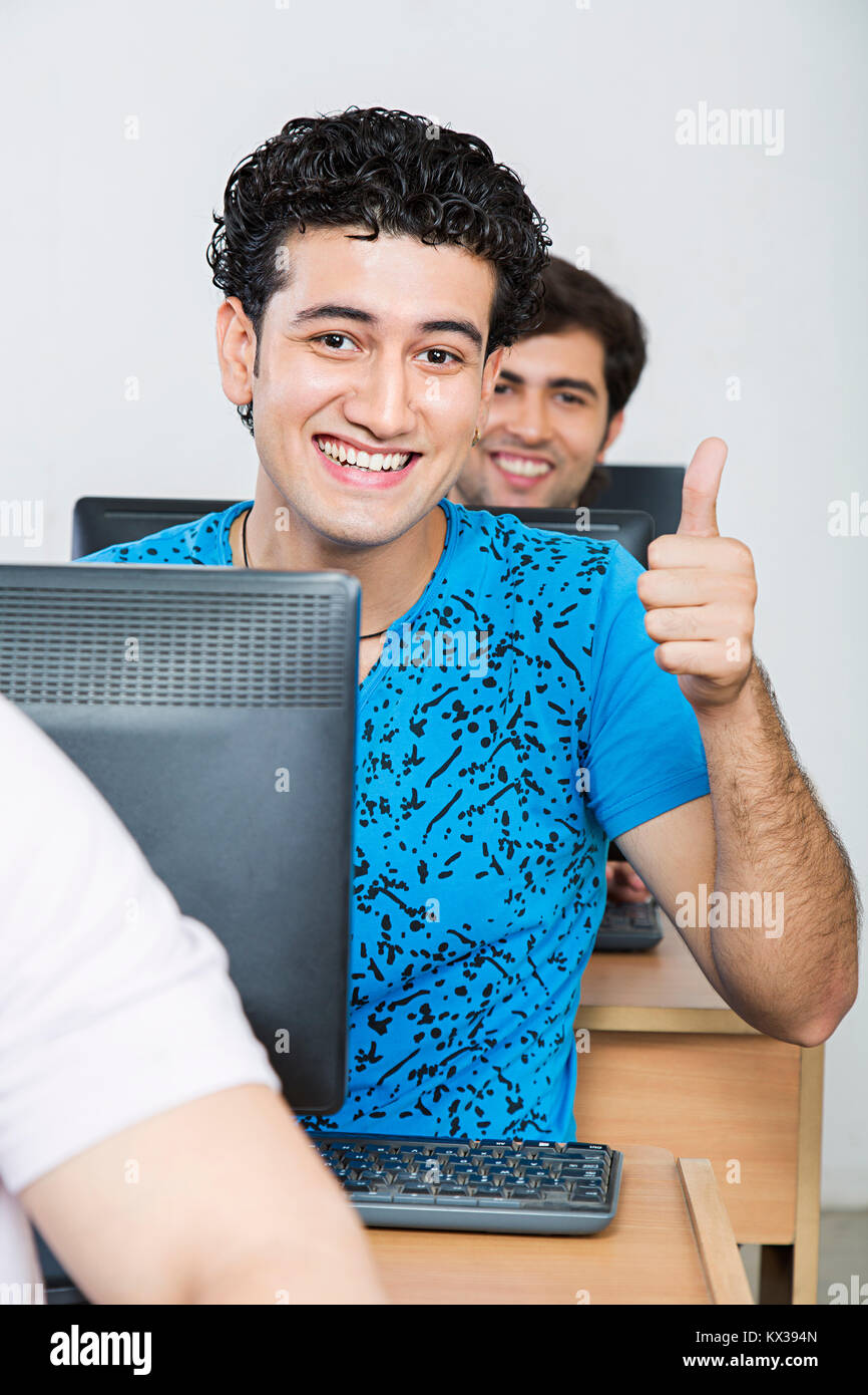 1 Indian College Boy Student Computer Studying Showing Thumbsup
