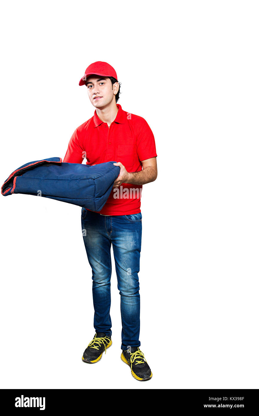 Portrait pizza delivery boy thermal bag Isolated on white background Stock Photo