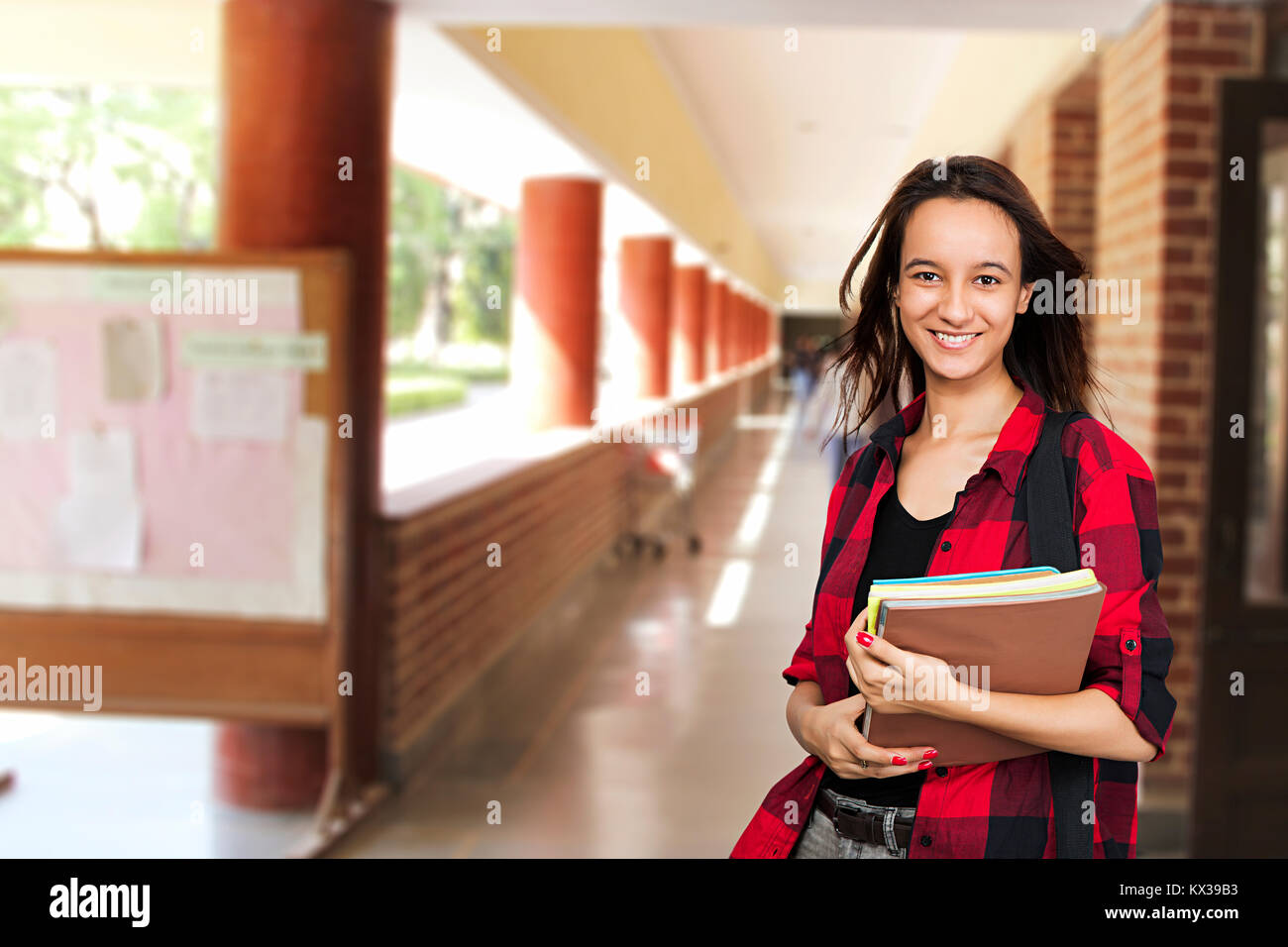 1 Indian Young Girl College Student Standing Corridor Campus Stock Photo
