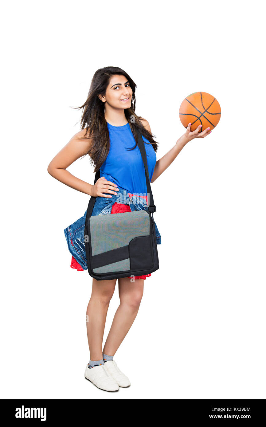 1 Indian Teenager Girl College Student Standing Holding Basketball Ball Stock Photo