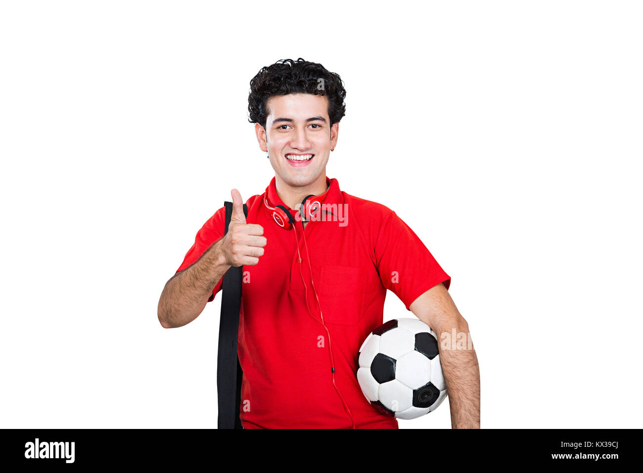 1 Indian College Student Boy Holding Football Showing Thumbs up Stock Photo