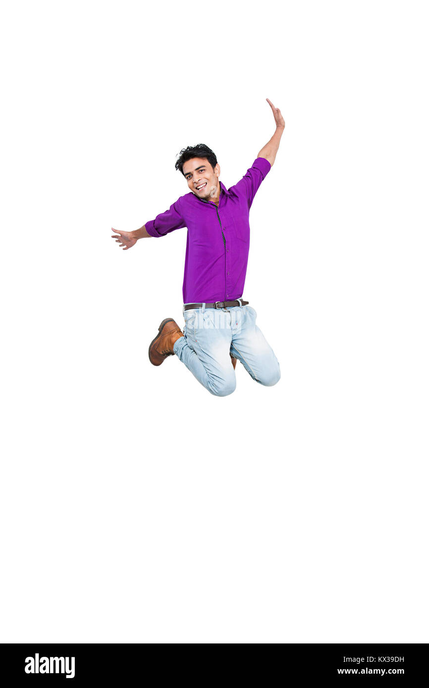 1 Indian Teenager Boy Jumping Having Fun Cheerful White Background Stock Photo