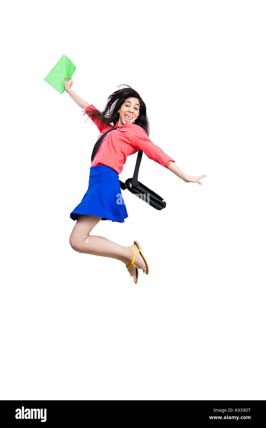 1 Indian Young Girl College Student Jumping Cheerful Success Celebrating Stock Photo
