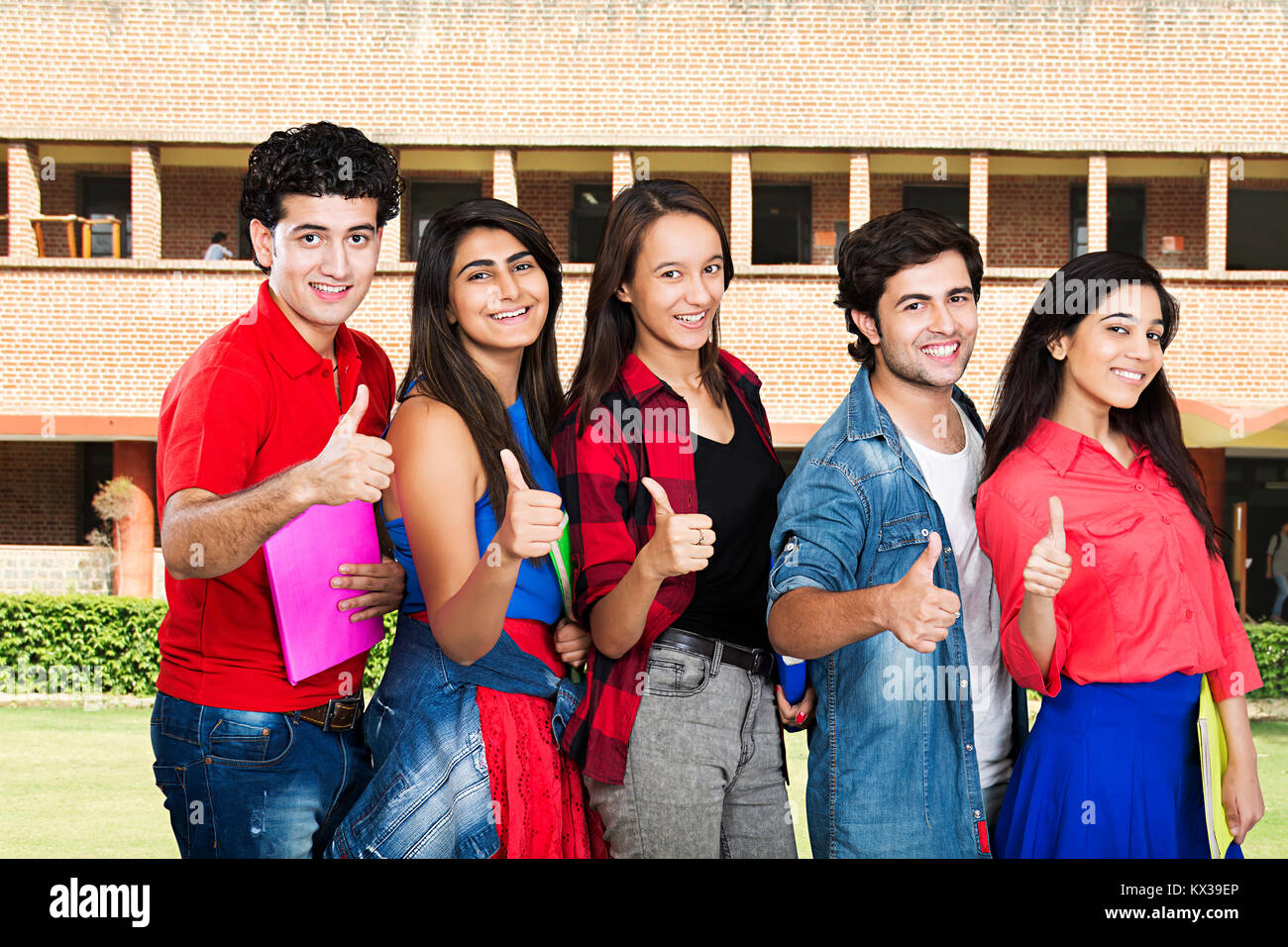 Happy Indian Group College Student s Friends Showing Thumbsup Success Courtyard Stock Photo
