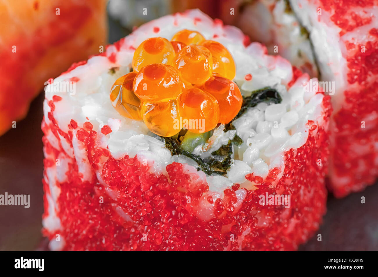 California rolls with salmon ROE and flying fish with eel and ...