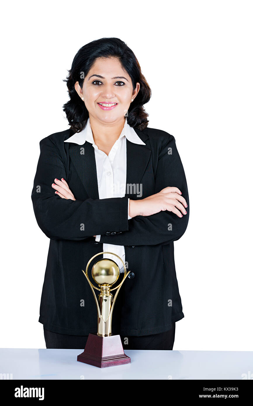 Indian Business Woman Arms Crossed Standing Victory Trophy Success Stock Photo
