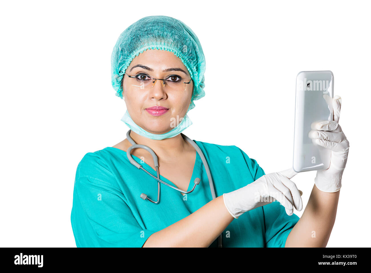 Indian Surgeon Woman Doctor Text Messaging Digital Tablet Stock Photo