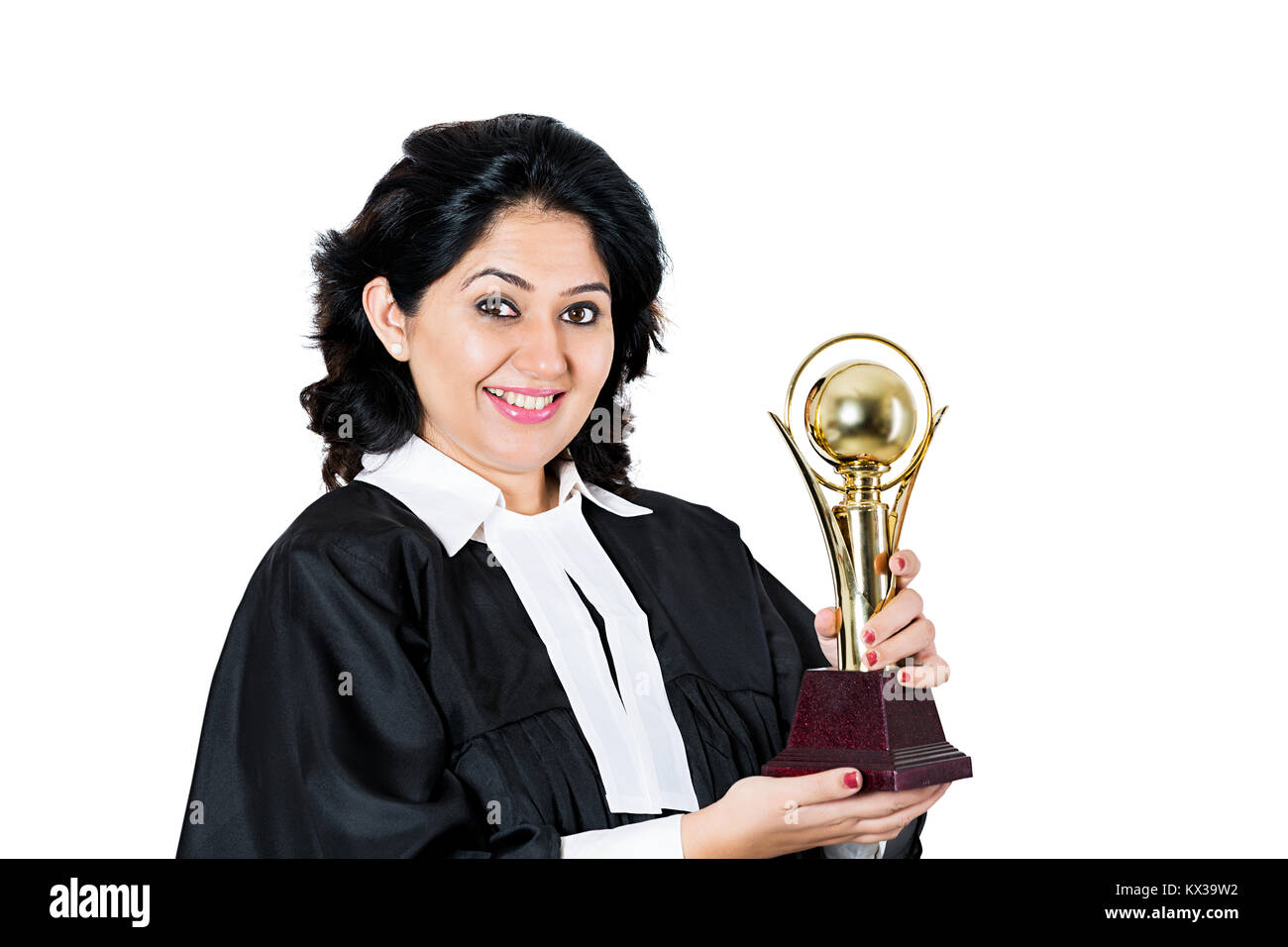 Indian Lawyer Woman Showing Winning Trophy Success Achievement Stock Photo