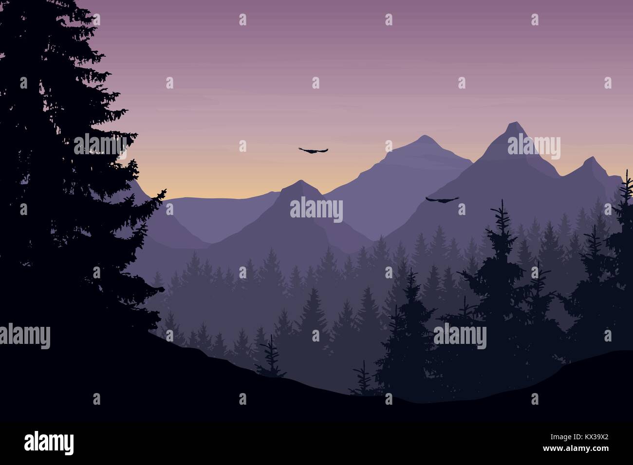 Vector illustration of mountain landscape with forest and flying birds under cloudy sky with dawn Stock Vector