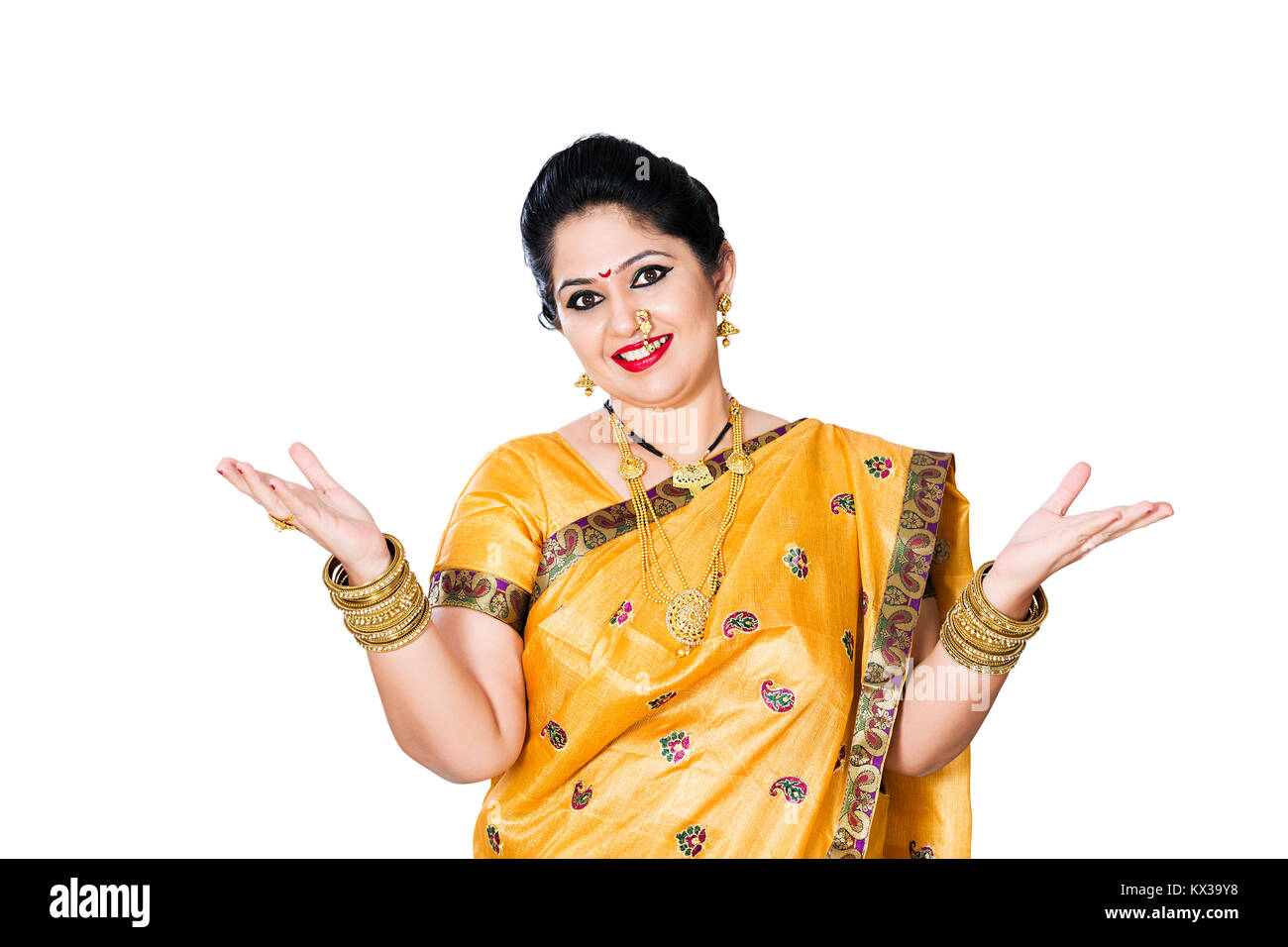 Indian Traditional Marathi Woman Hand Gesturing Showing Smiling Stock Photo