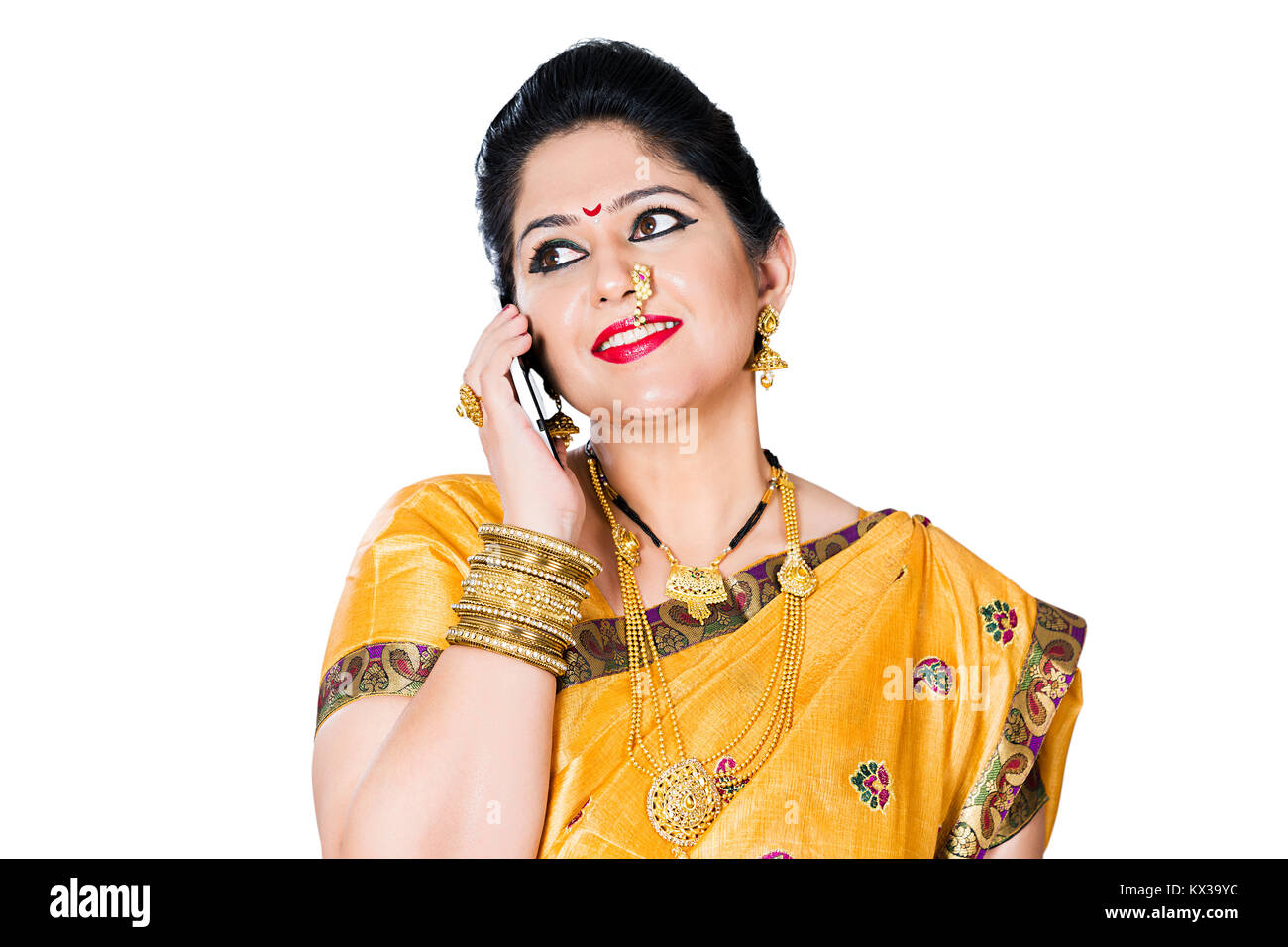 Indian Marathi Woman Diwali Celebration Talking Mobile Phone Stock Photo