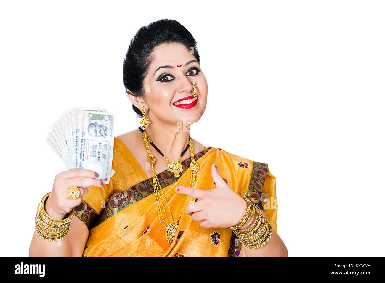 Indian Marathi Woman Housewife Showing Indian Currency Notes Finger Pointing Stock Photo
