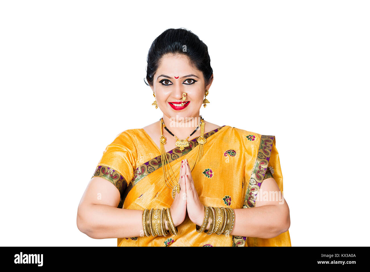 Indian Traditional Marathi Housewife Woman Joined Hands Namaste