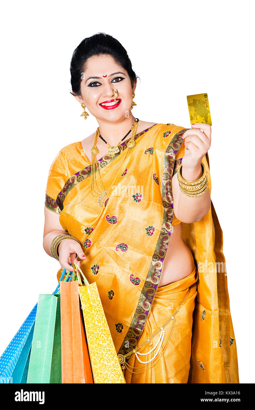 Indian Marathi Woman Diwali Shopping Bag Showing Credit Card Stock