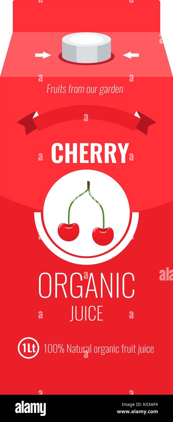 Red cherry juice box package with solid and flat color design style