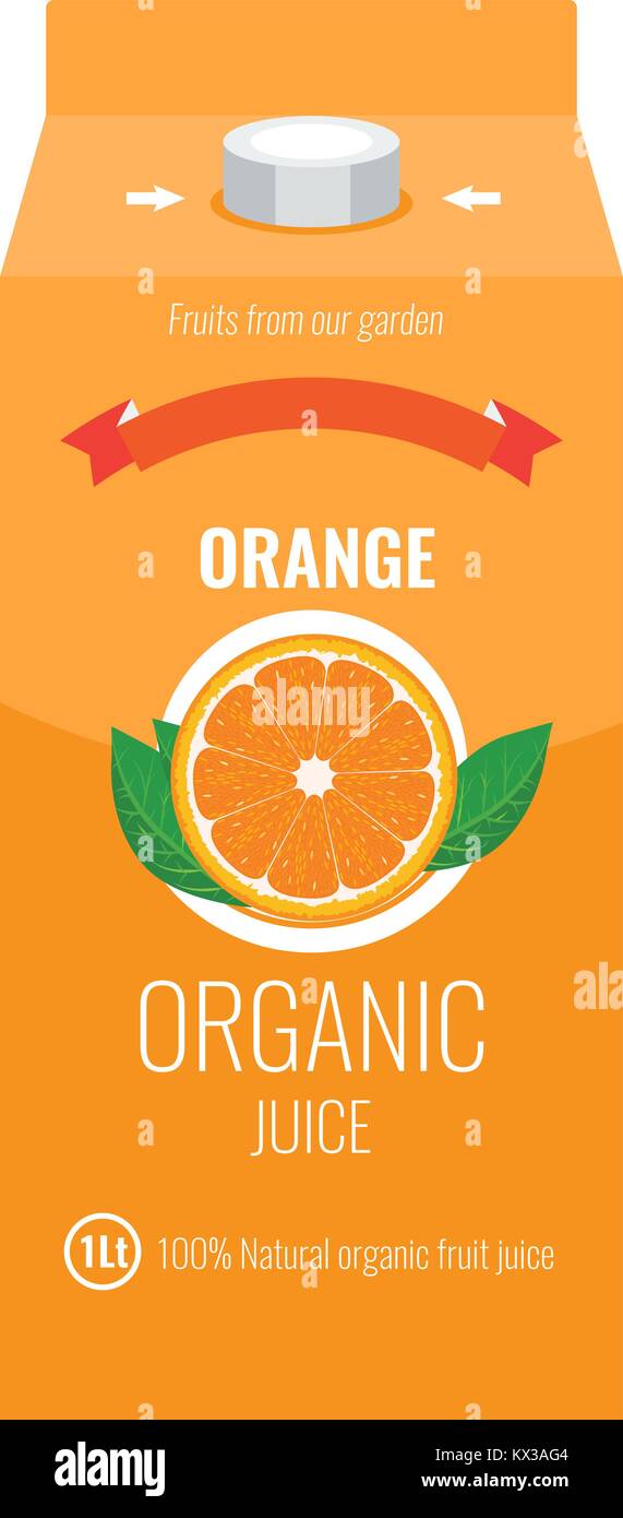 Orange juice box package with solid and flat color design style Stock
