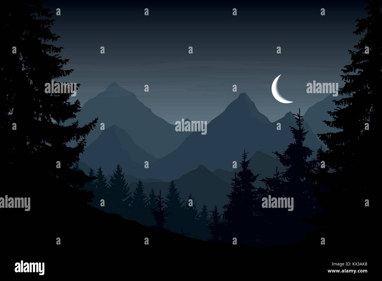 Vector illustration of mountain landscape with forest under cloudy night sky with crescent Stock Vector