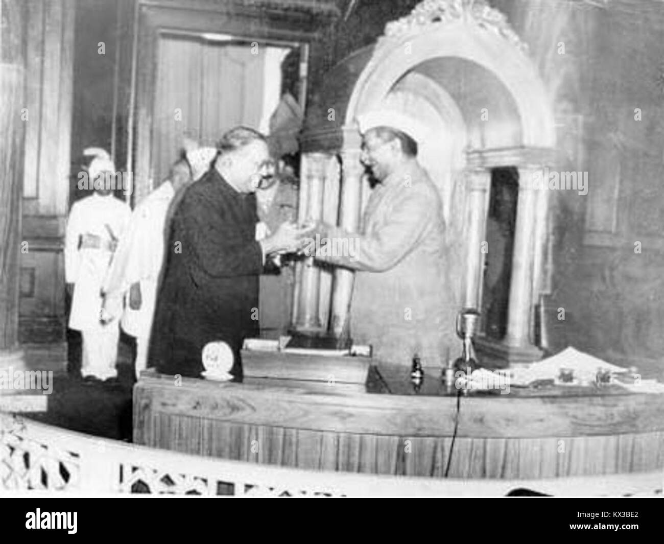 Dr. B. R. Ambedkar, Chairperson, Drafting Committee of Indian Constitution after presenting the constitution to the first President Dr. Rajendra Prasad Stock Photo