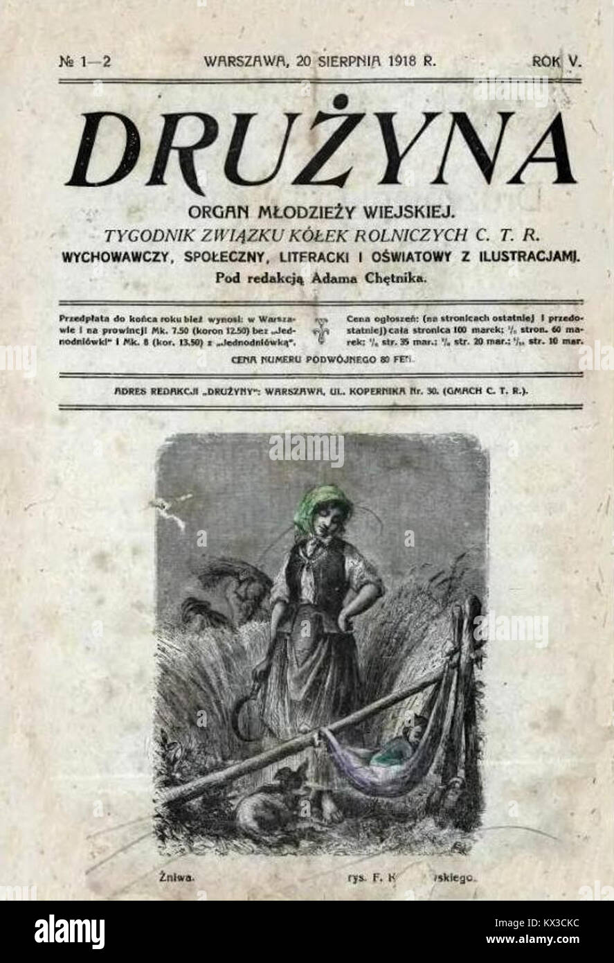 The 1918 edition of 'Drużyna,' a Polish publication, reflects the post-World War I cultural and historical atmosphere of Poland. Stock Photo