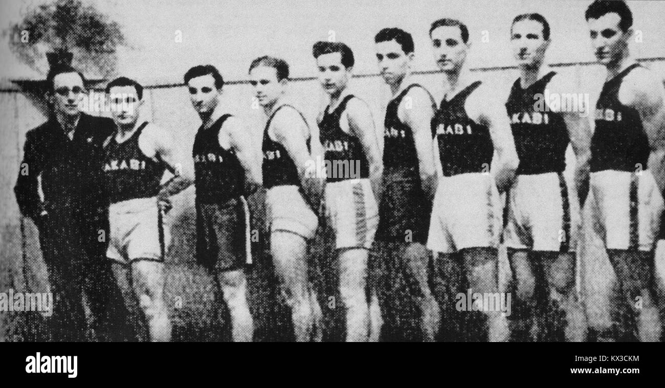 This image showcases the basketball team Makabi Warszawa, a prominent team in Polish basketball history. The photo reflects the team's participation in regional and national competitions. Stock Photo