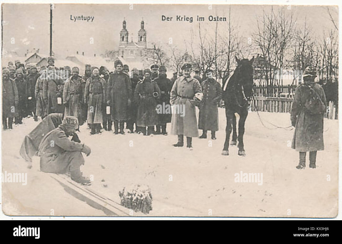 A photograph from 1916 by F. Krauskopf depicting the area of Lyntupy in Sviancianskaja, capturing the landscape and architectural features of this historical region in Belarus. Stock Photo
