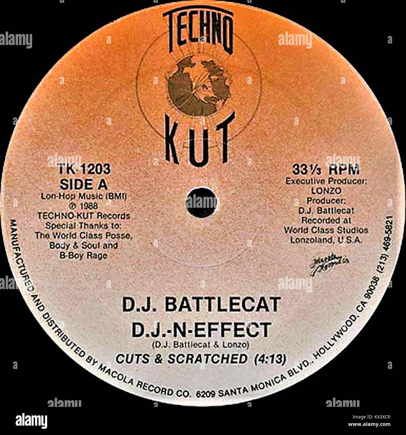 This record features Side A of the album 'D.J.-N-Effect' by D.J. Battlecat, showcasing his contributions to the hip hop and DJ scene. The track highlights his style, beats, and role in shaping the genre during the early 90s. Stock Photo