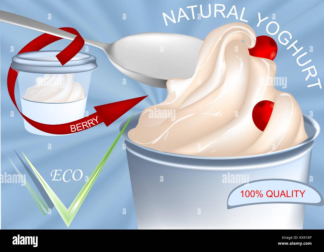 frozen yogurt with berry and package on blue Stock Vector