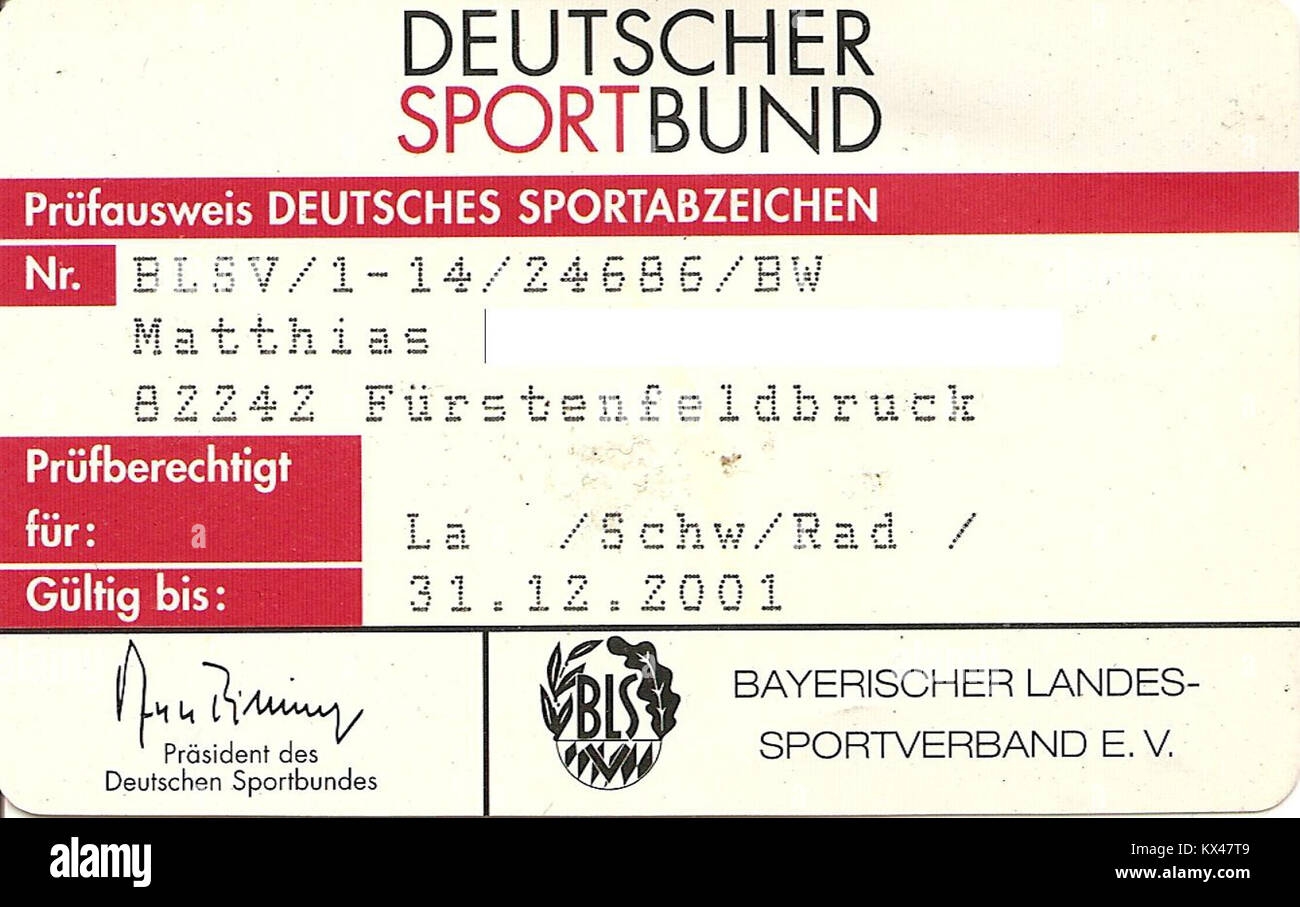 Deutsches Sportabzeichen - Prüfausweis gültig bis Ende 2001 Stock Photo