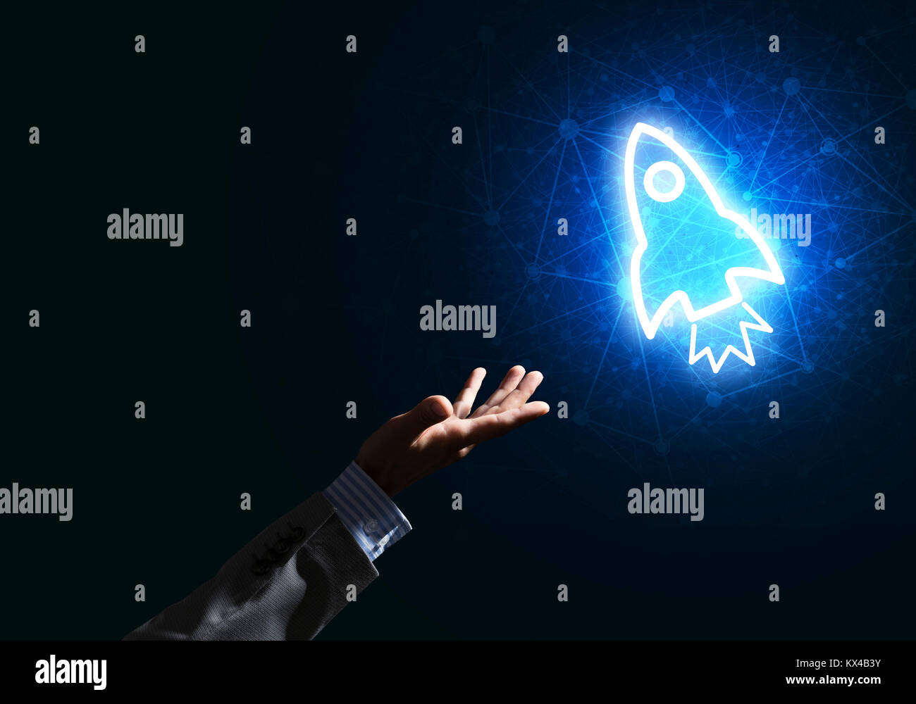Man palm presenting Rocket web icon as technology concept Stock Photo ...