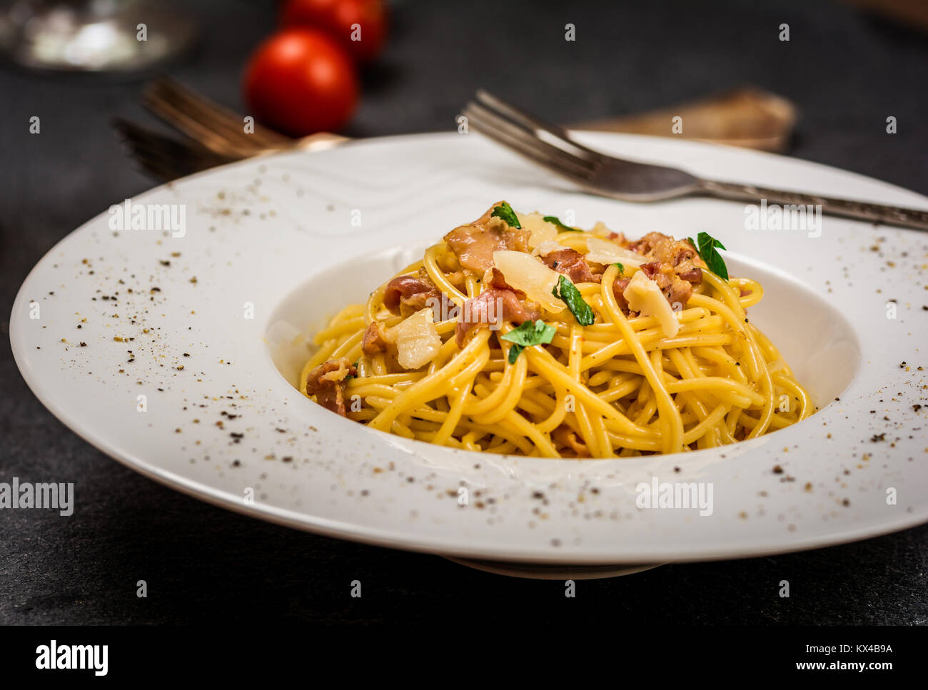 Traditional Italian Pasta Spaghetti Carbonara With Bacon And Cheese Stock Photo Alamy