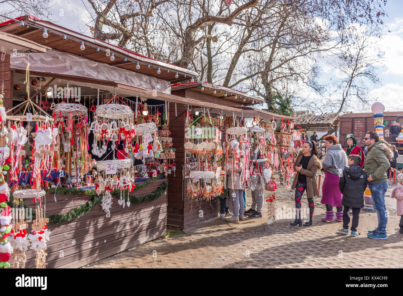 People holidaying at the Mill of Elves, a popular Christmas destination in Trikala Greece. Stock Photo