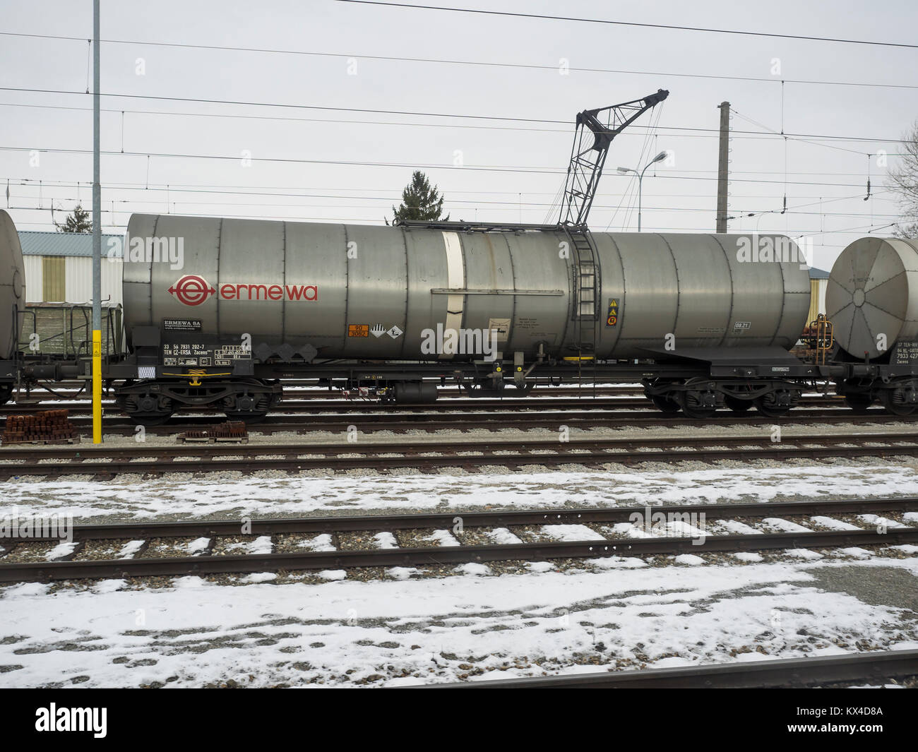 VIENNA, AUSTRIA - DECEMBER 03, 2017:  ERMEWA Rail Freight Wagons in winter Stock Photo