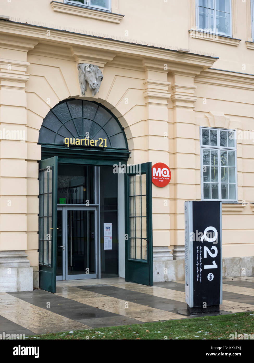 VIENNA, AUSTRIA - DECEMBER 04, 2017:  Exterior view of entrance to Q21 in the MuseumsQuartier Arts Complex Stock Photo