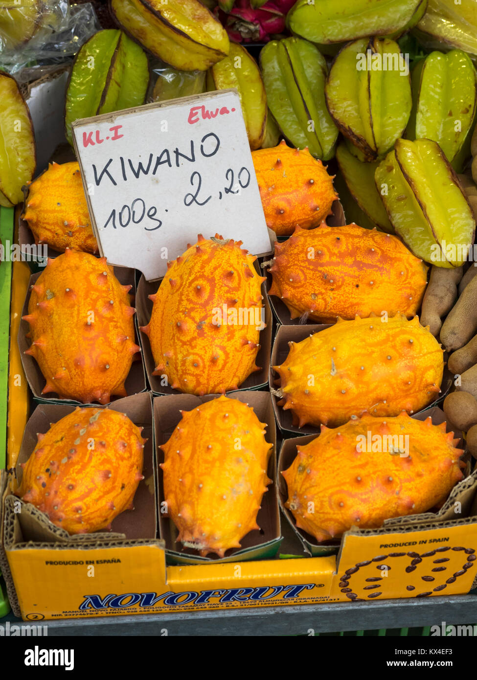 VIENNA, AUSTRIA - DECEMBER 04, 2017:   African Horned Melon (Kiwano) for sale at Naschmarkt Market Stock Photo