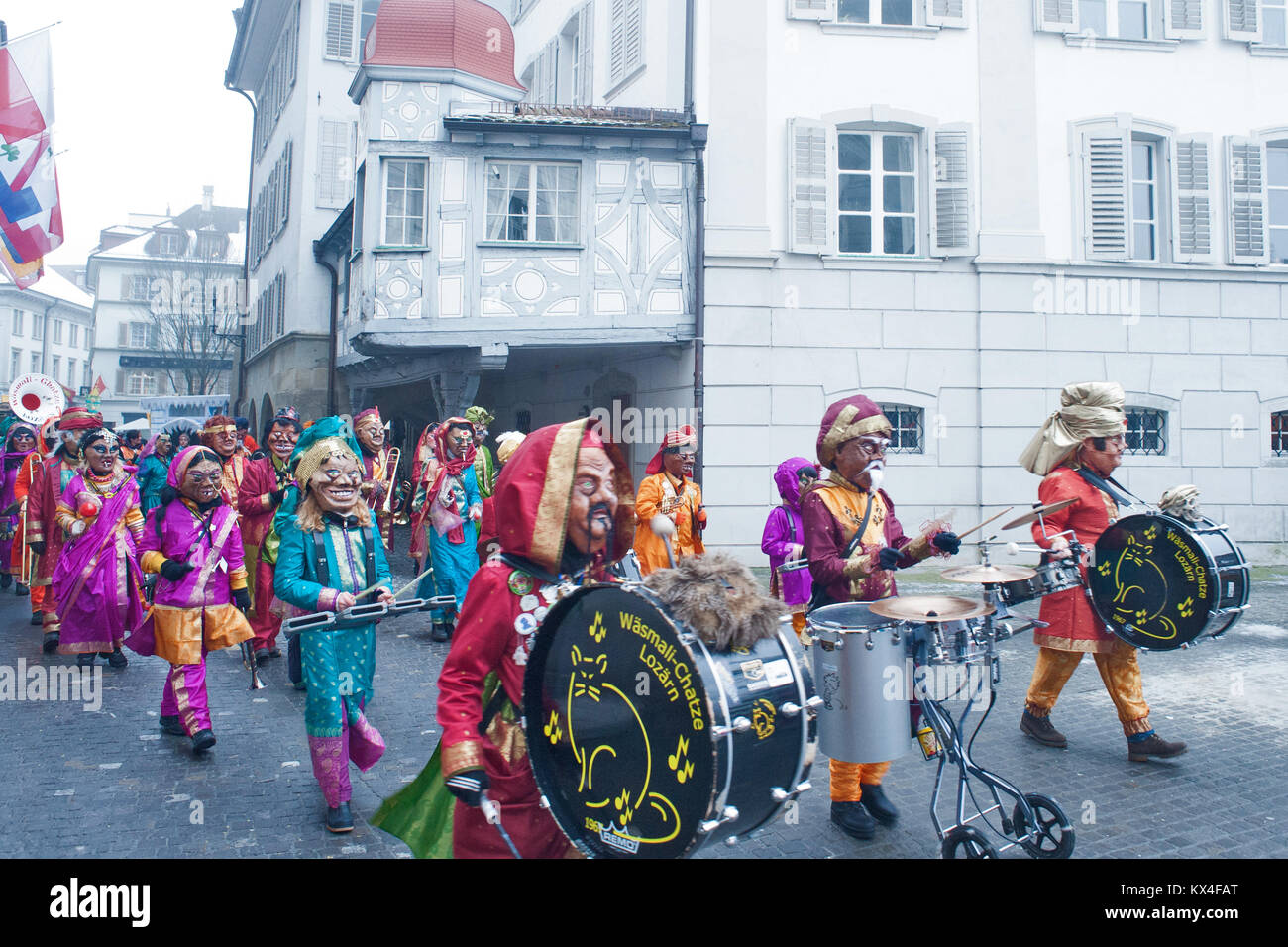musicians called Guggenmusigen groups are fanfares that make music with disguises during carnival in Lucerne, Switzerland Stock Photo