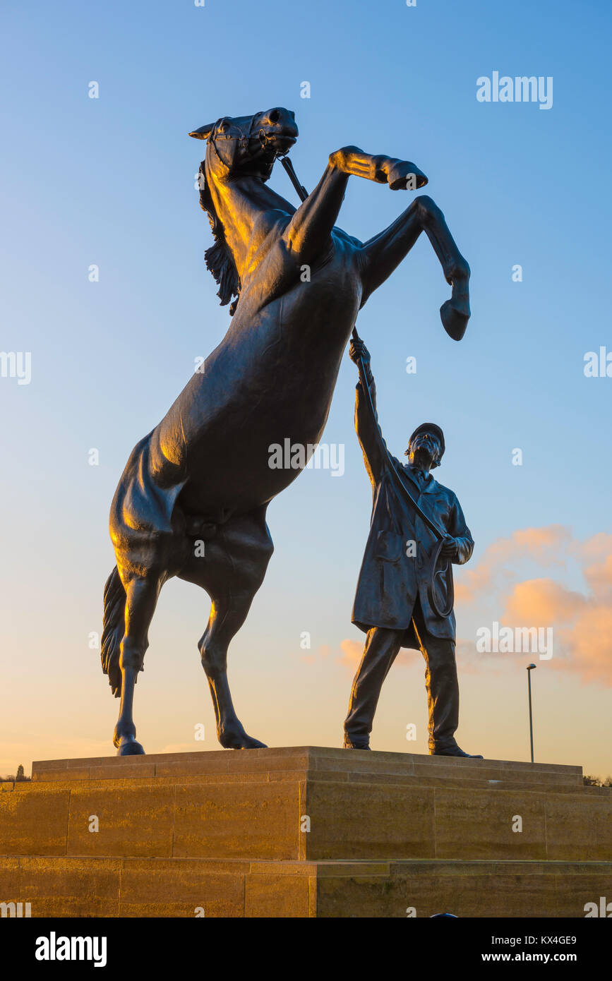 Newmarket racing Suffolk, the Newmarket Stallion statue - a well-known landmark sited near the entrance to the famous Suffolk racecourse, UK. Stock Photo